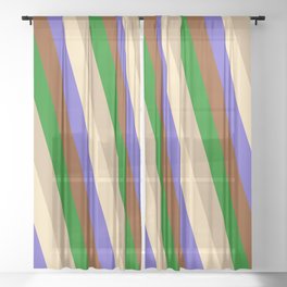 [ Thumbnail: Eye-catching Brown, Green, Tan, Beige & Slate Blue Colored Pattern of Stripes Sheer Curtain ]