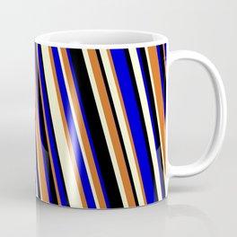 [ Thumbnail: Chocolate, Light Yellow, Black & Blue Colored Lines/Stripes Pattern Coffee Mug ]