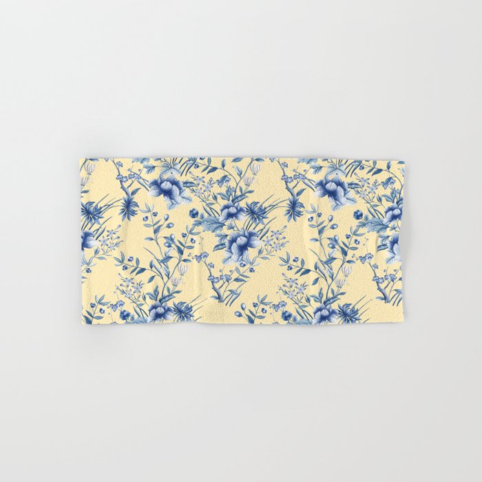 Chinoiserie Flowers Blue on Lemon Honey Creme Hand & Bath Towel