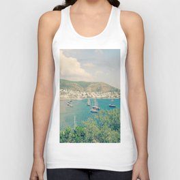 Retro aqua blue sea bay in Bodrum view with sailing boats from St.Peter's Castle Unisex Tank Top
