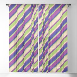 [ Thumbnail: Green, Tan, Purple & Blue Colored Lined Pattern Sheer Curtain ]