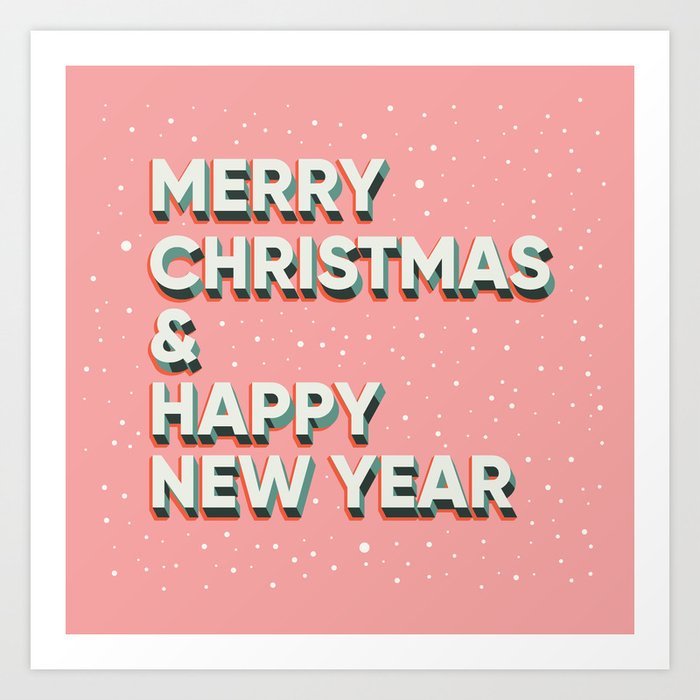 Merry Christmas and Happy New Year text lettering card design, pink Art Print
