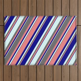 [ Thumbnail: Dim Grey, Light Coral, Dark Blue & Light Cyan Colored Stripes Pattern Outdoor Rug ]