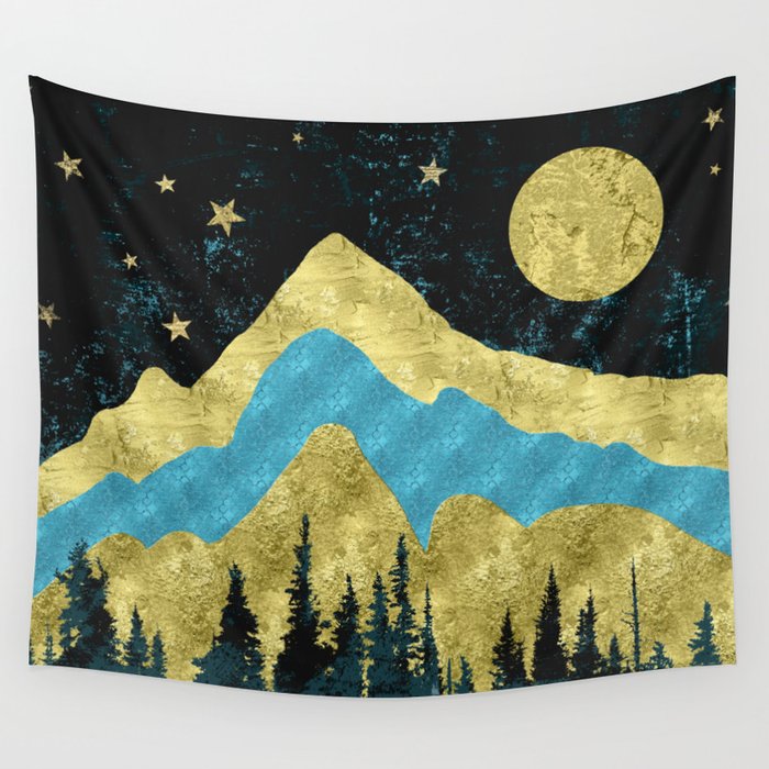 Mountain Adventure Gold Teal  Wall Tapestry