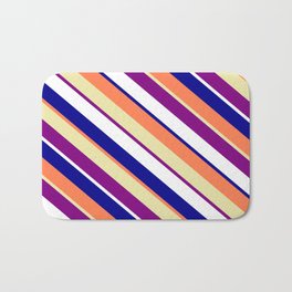 [ Thumbnail: Colorful Coral, Pale Goldenrod, Purple, White & Dark Blue Colored Lines/Stripes Pattern Bath Mat ]
