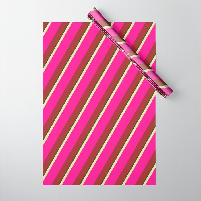 Tan, Deep Pink, Brown & Dark Green Colored Stripes/Lines Pattern Wrapping Paper