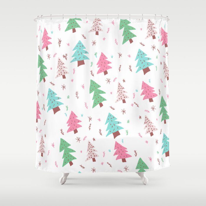 Modern Pink Green Blue Christmas Tree Snowflakes Illustration