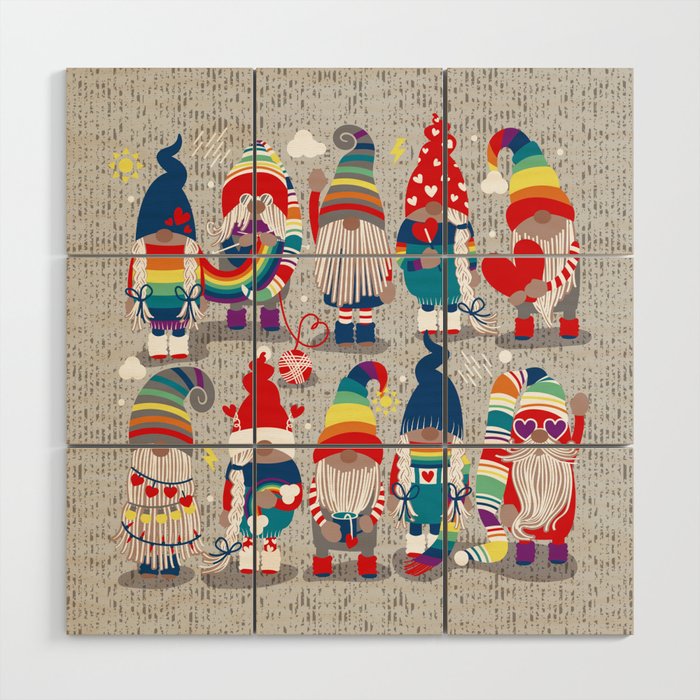 I gnome you // grey background little happy and lovely gnomes with rainbows vivid red hearts Wood Wall Art