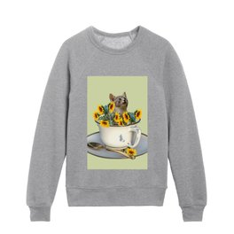Grey Cat in coffee cup with sunflowers Kids Crewneck
