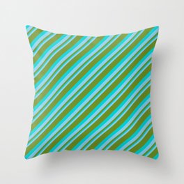 [ Thumbnail: Sky Blue, Green & Dark Turquoise Colored Striped Pattern Throw Pillow ]