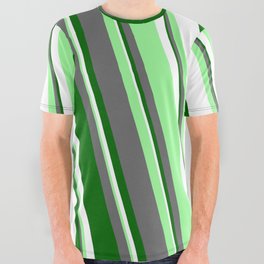 [ Thumbnail: White, Green, Dim Gray, and Dark Green Colored Lines Pattern All Over Graphic Tee ]