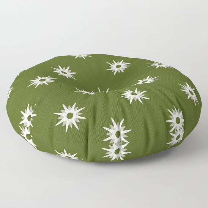 Green atomic mid century white stars pattern Floor Pillow