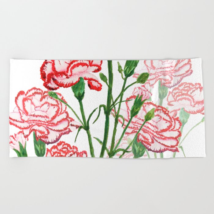 Pink And Red Carnation Watercolor Painting Beach Towel By Colorandcolor Society6