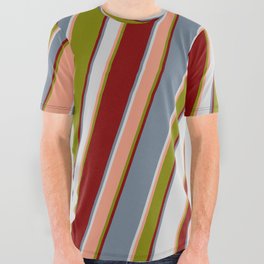[ Thumbnail: Colorful Slate Gray, Light Gray, Dark Salmon, Green, and Maroon Colored Lined Pattern All Over Graphic Tee ]