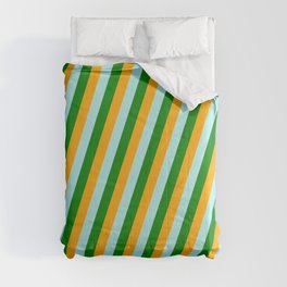 [ Thumbnail: Orange, Turquoise, and Green Colored Lined Pattern Comforter ]