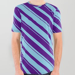 [ Thumbnail: Sky Blue & Indigo Colored Striped Pattern All Over Graphic Tee ]