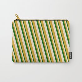 [ Thumbnail: Dark Green, Beige, and Goldenrod Colored Stripes/Lines Pattern Carry-All Pouch ]