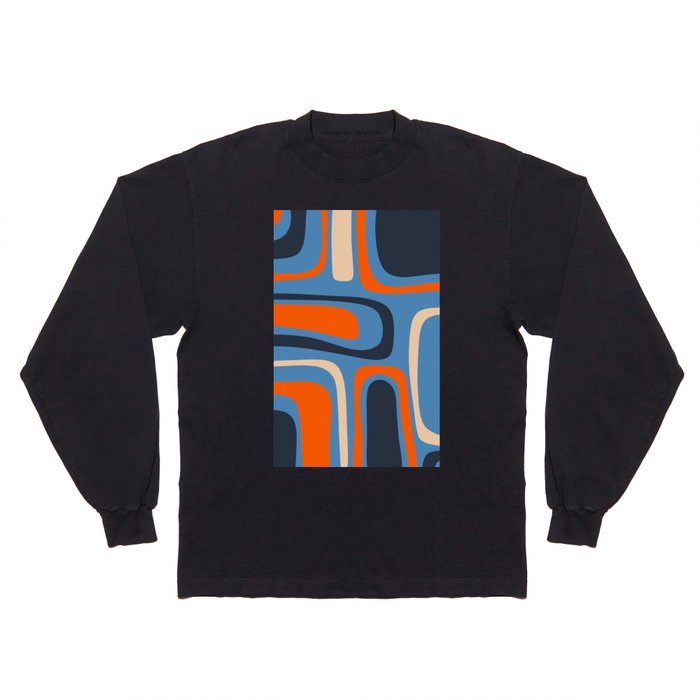 Palm Springs Retro Mid Century Modern Abstract Pattern Blue and Orange Long Sleeve T Shirt