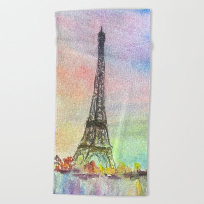 Eiffel Tower Paris Watercolor Painting Beach Towel By Casaleart