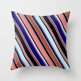 [ Thumbnail: Eyecatching Turquoise, Sienna, Light Coral, Blue, and Black Colored Lined Pattern Throw Pillow ]