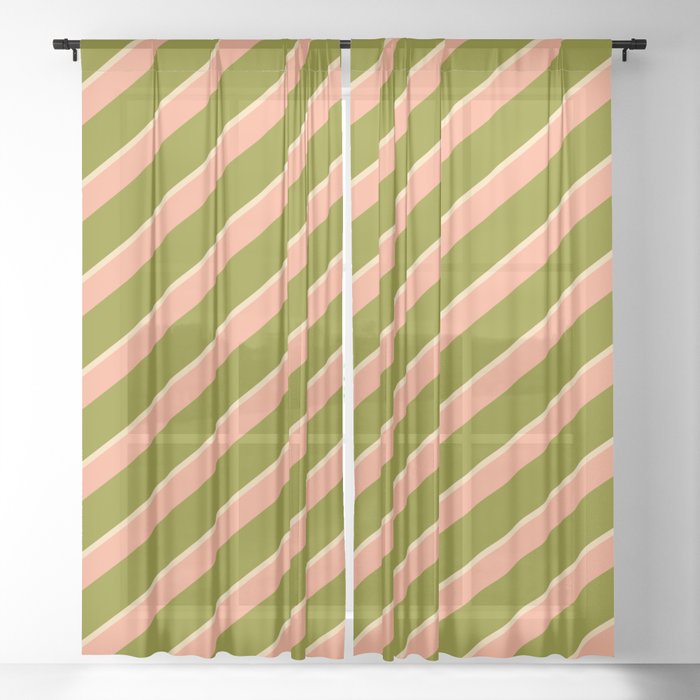 Light Salmon, Green & Tan Colored Striped Pattern Sheer Curtain