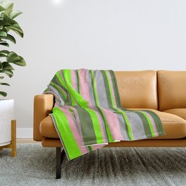 [ Thumbnail: Light Pink, Dark Grey, Dark Olive Green, and Chartreuse Colored Lines/Stripes Pattern Throw Blanket ]