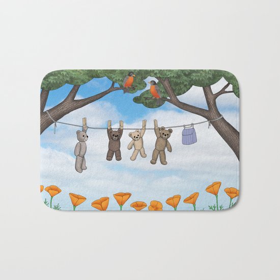 robins, poppies, & teddy bears on the line Bath Mat
