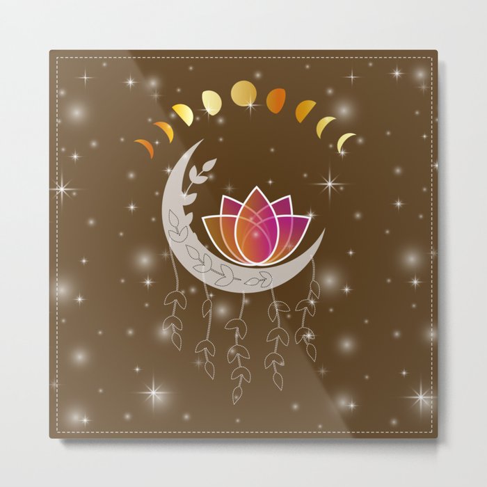 Moon dreamcatcher with pink lotus and leaves Metal Print