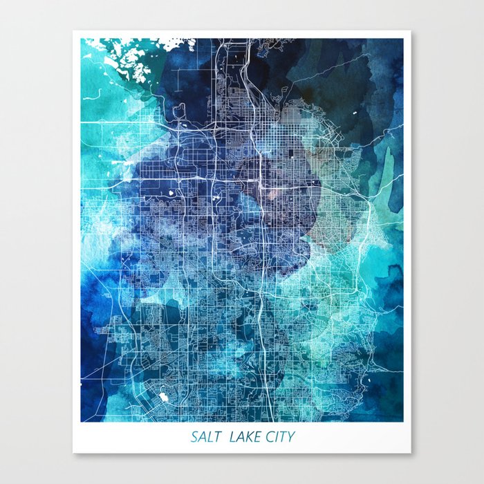 Salt Lake City Utah Map Navy Blue Turquoise Watercolor USA States Map Canvas Print