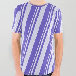 [ Thumbnail: Lavender & Slate Blue Colored Stripes Pattern All Over Graphic Tee ]