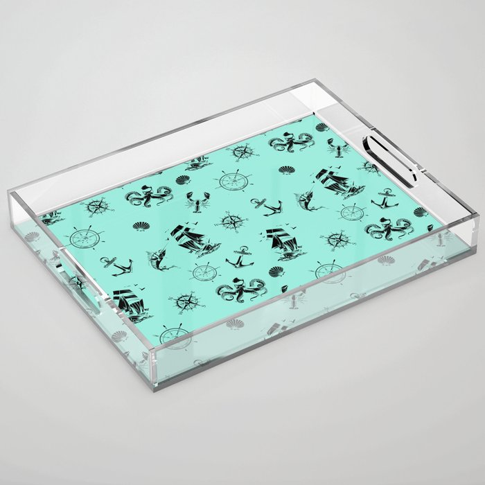 Mint Blue And Black Silhouettes Of Vintage Nautical Pattern Acrylic Tray