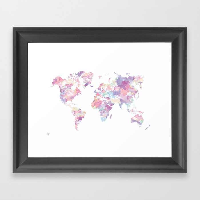 Watercolour World Map Purple Framed Art Print By