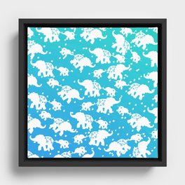 Blue Teal White Polka Dots Floral Cute Elephant Ombre Framed Canvas