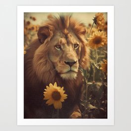 Lion in a Sunflower Field Art Print