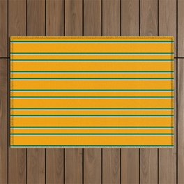 [ Thumbnail: Orange, Dark Green & Light Blue Colored Lined Pattern Outdoor Rug ]