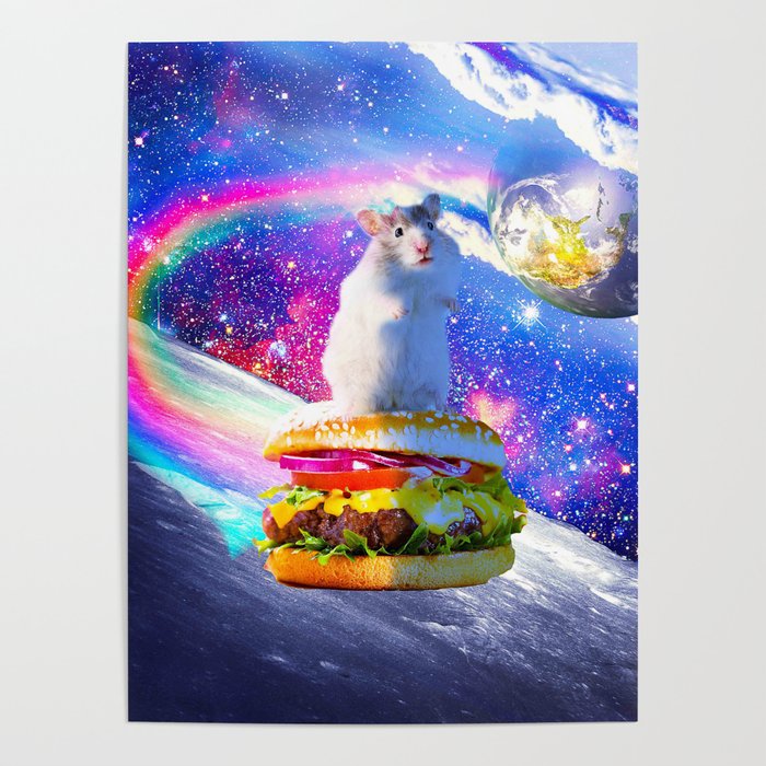 Rainbow Space Hamster Riding Burger Poster