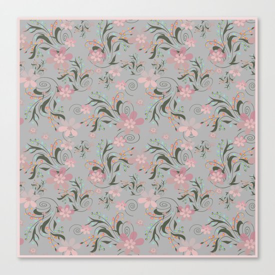 Retro . Pink flowers on grey background . Canvas Print