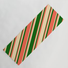 [ Thumbnail: Beige, Dark Green & Red Colored Lined Pattern Yoga Mat ]