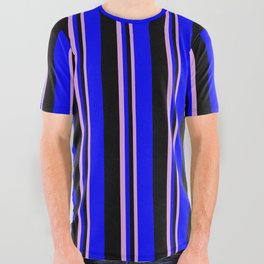 [ Thumbnail: Plum, Black, and Blue Colored Lines Pattern All Over Graphic Tee ]