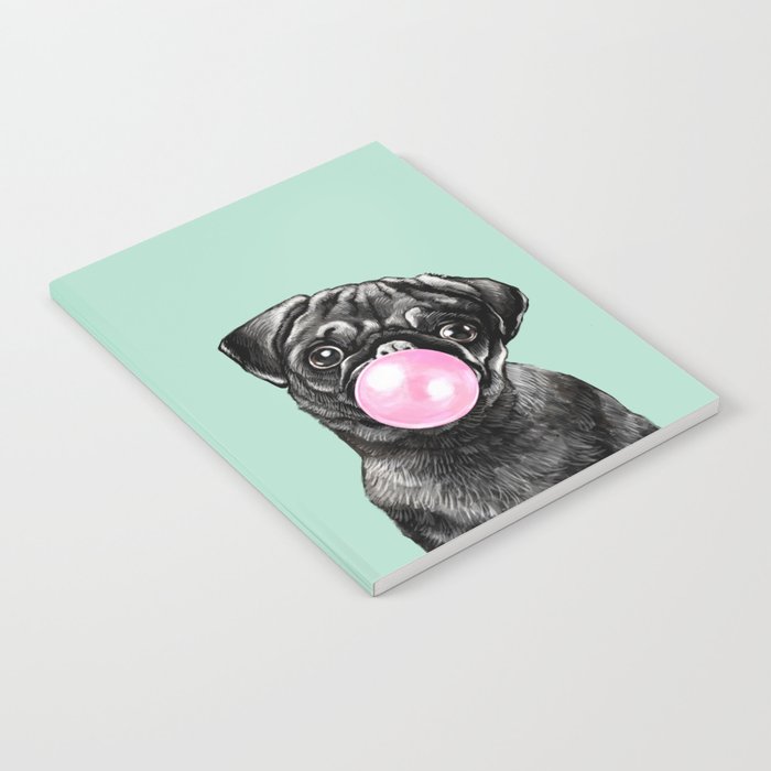 Bubble Gum Black Pug in Green Notebook