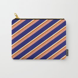 [ Thumbnail: Beige, Chocolate, Dark Salmon, and Midnight Blue Colored Pattern of Stripes Carry-All Pouch ]