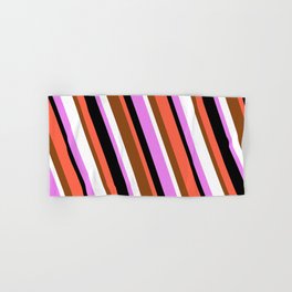 [ Thumbnail: Red, Brown, White, Violet & Black Colored Lined Pattern Hand & Bath Towel ]