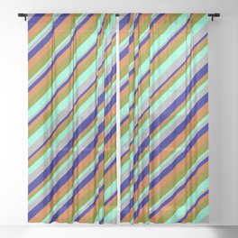 [ Thumbnail: Eyecatching Dark Grey, Blue, Chocolate, Green, and Aquamarine Colored Striped Pattern Sheer Curtain ]