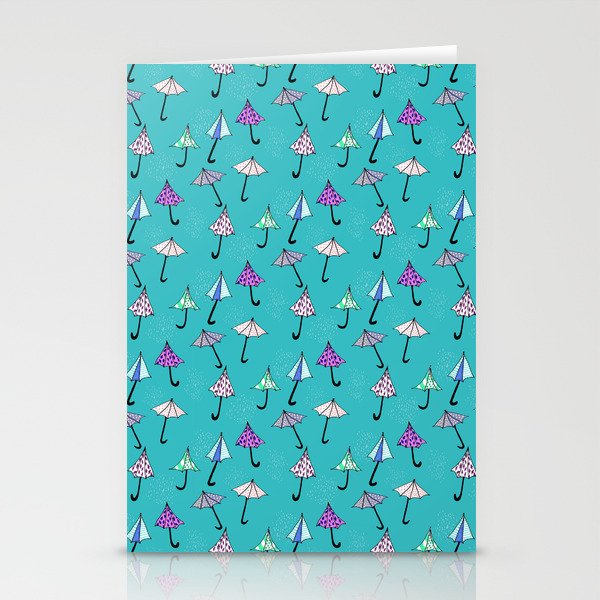 Umbrellas and Rain on Blue Stationery Cards