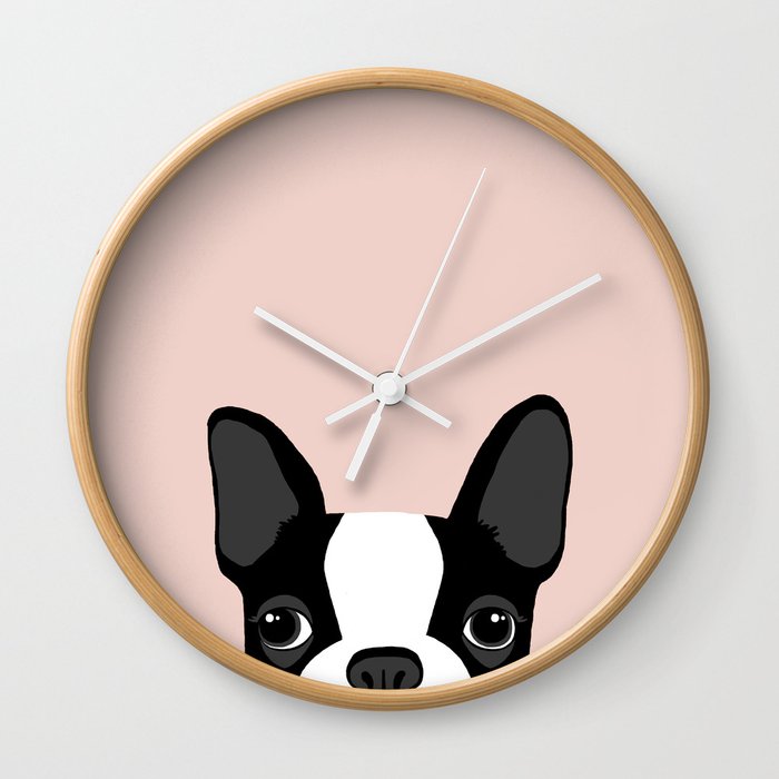 Boston Terrier Peek - Black on Pale Pink Wall Clock