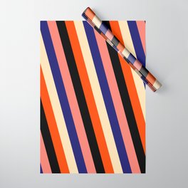 [ Thumbnail: Eye-catching Salmon, Midnight Blue, Beige, Red & Black Colored Stripes Pattern Wrapping Paper ]