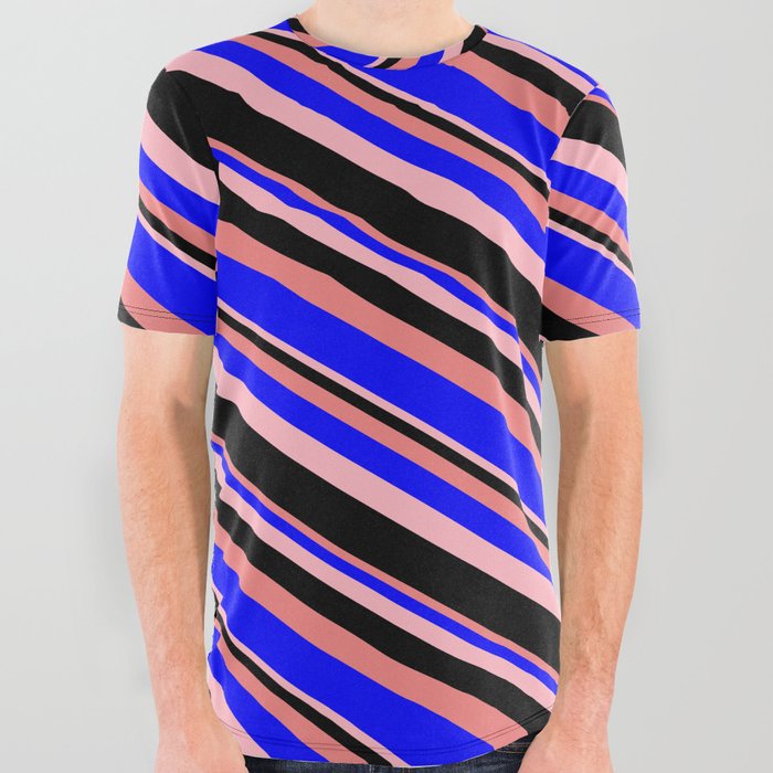 Light Coral, Blue, Light Pink, and Black Colored Lines Pattern All Over Graphic Tee