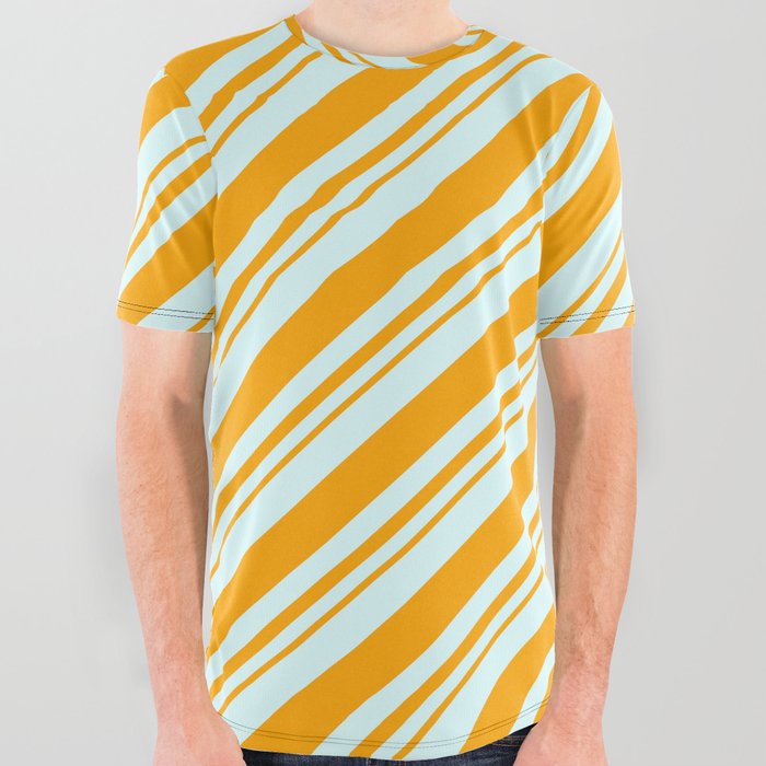 Light Cyan and Orange Colored Lined/Striped Pattern All Over Graphic Tee