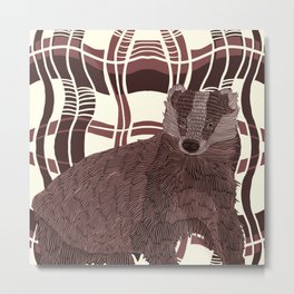 Badger on a maroon check like patterned background Metal Print