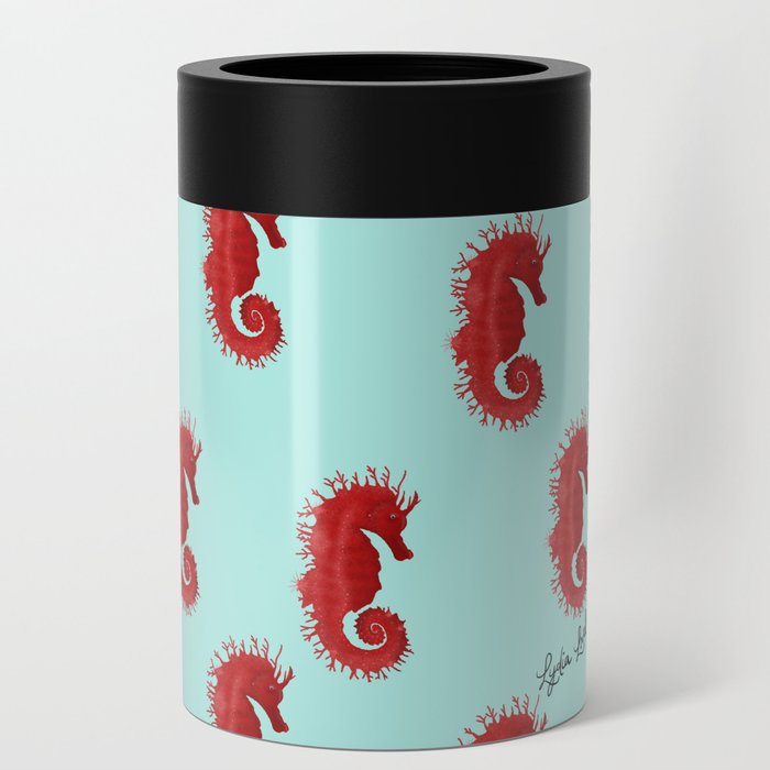 Seahorse red- blue background Can Cooler